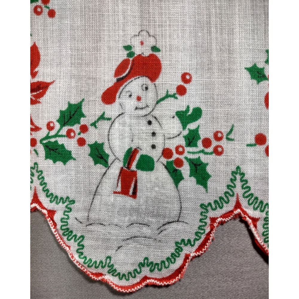 Vtg Printed 1950s Christmas Hanky 13.75 x 13.75 Snowman/woman Poinsettia Hankie - Picture 5 of 5